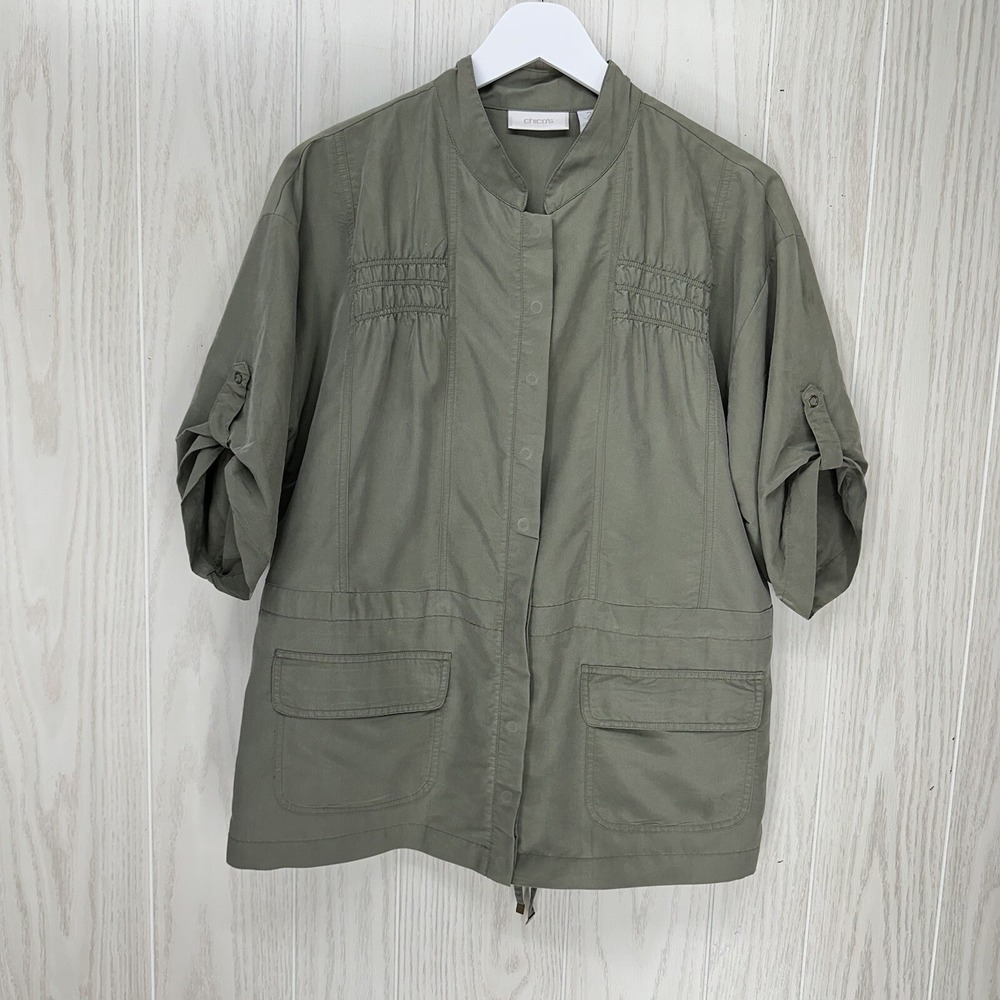 Chicos Shacket Blouse Womens Size 2 (L/12) Green Snap Front Tie Back Pockets